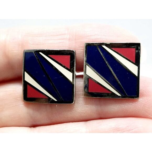 Vintage Designer Cuff Links, Joseph Abboud, Red White Blue Enamel, 1990s, 3/4 In - Picture 7 of 10